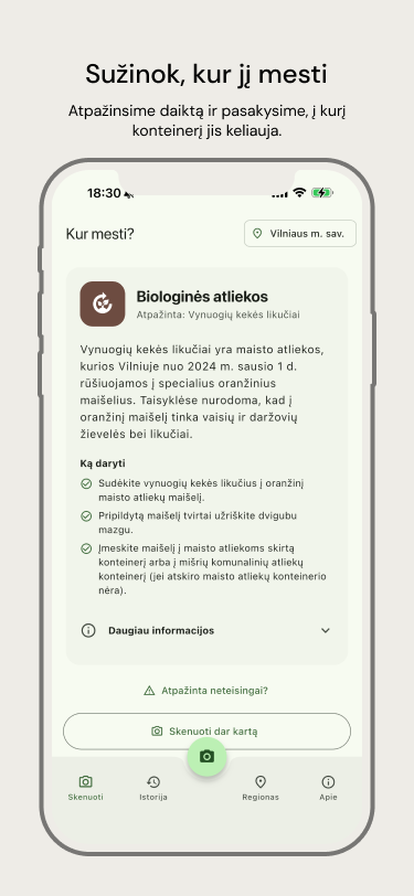 Programėlės „Kur mesti?“ rezultato ekranas — biologinės atliekos